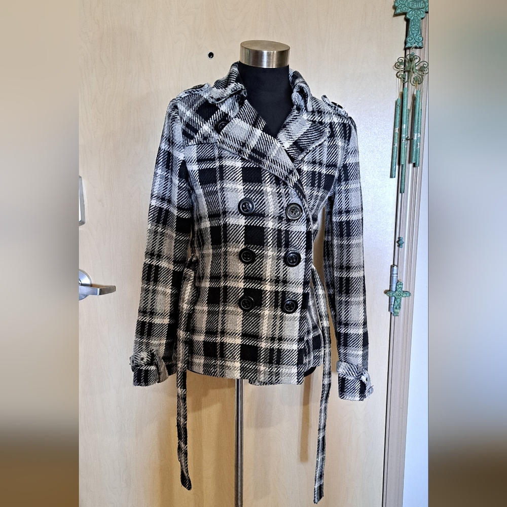Black, gray and white plaid, button-up jacket from Maurices.